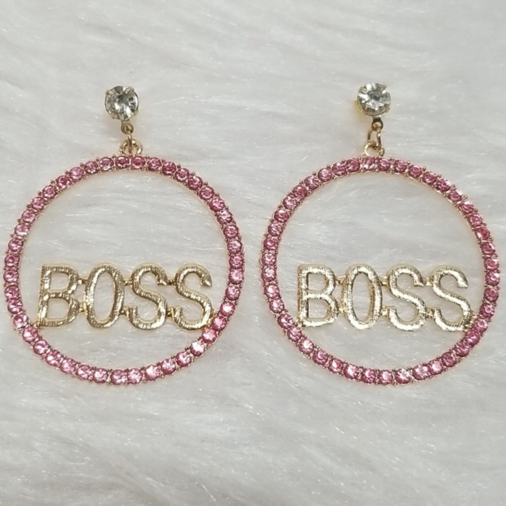 🌹Sassy Pink Rhinestone Hoop Boss Earrings